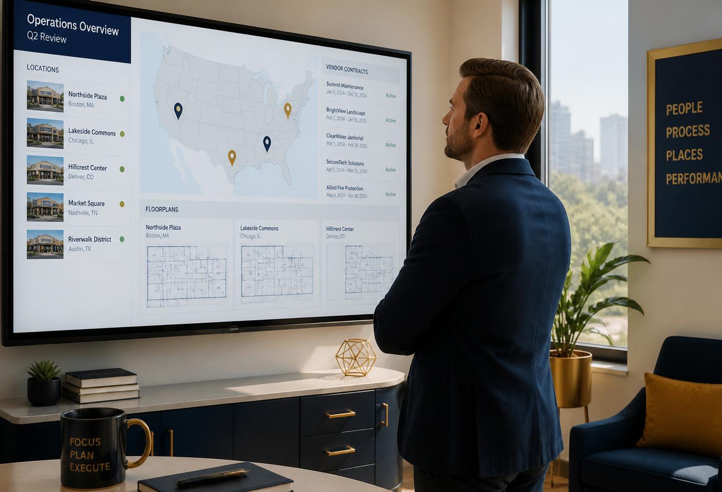 Operations manager reviewing contracts and locations